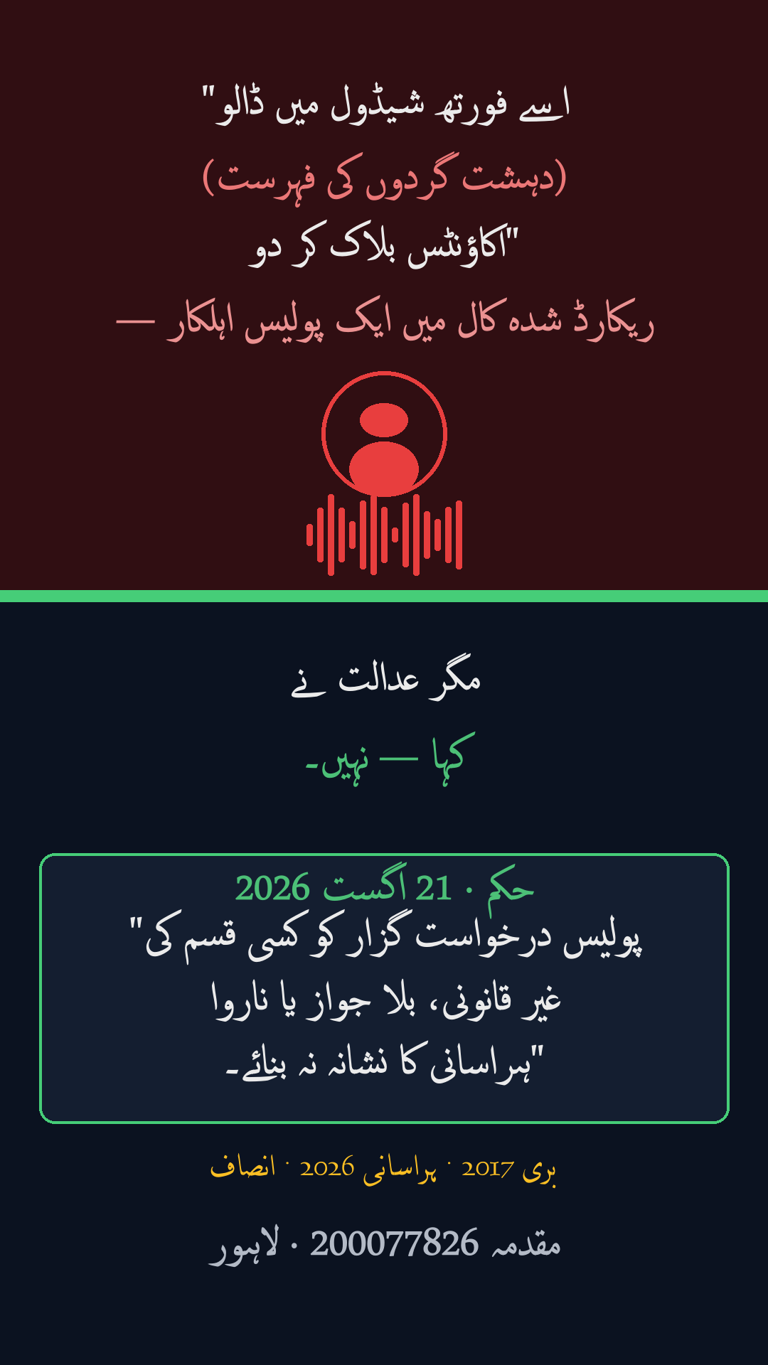 پوسٹر: 'اسے فورتھ شیڈول میں ڈالو، اکاؤنٹس بلاک کر دو' — ریکارڈ شدہ کال میں ایک پولیس اہلکار — اور نیچے 21 اگست 2026 کا عدالتی حکم: کسی قسم کی غیر قانونی، ناروا اور ناجائز ہراسانی نہ کی جائے۔ بری 2017 · ہراسانی 2026 · انصاف۔