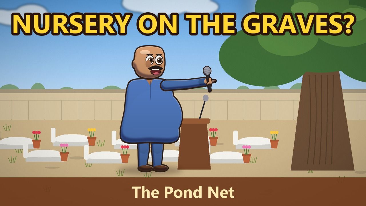 Cartoon poster: Chaudhry Shaukat at a podium with a microphone, flowerpots among graves behind him, headline 'Nursery on the graves?' with the title The Pond Net.
