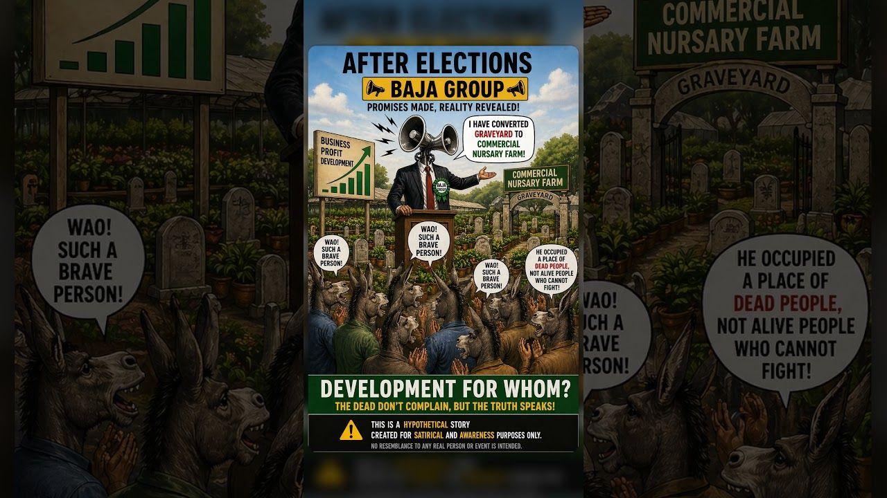 Satirical awareness poster: a politician at a podium with a megaphone in front of a graveyard turned into a 'Commercial Nursery Farm', captioned 'Development for whom? The dead don't complain, but the truth speaks.'