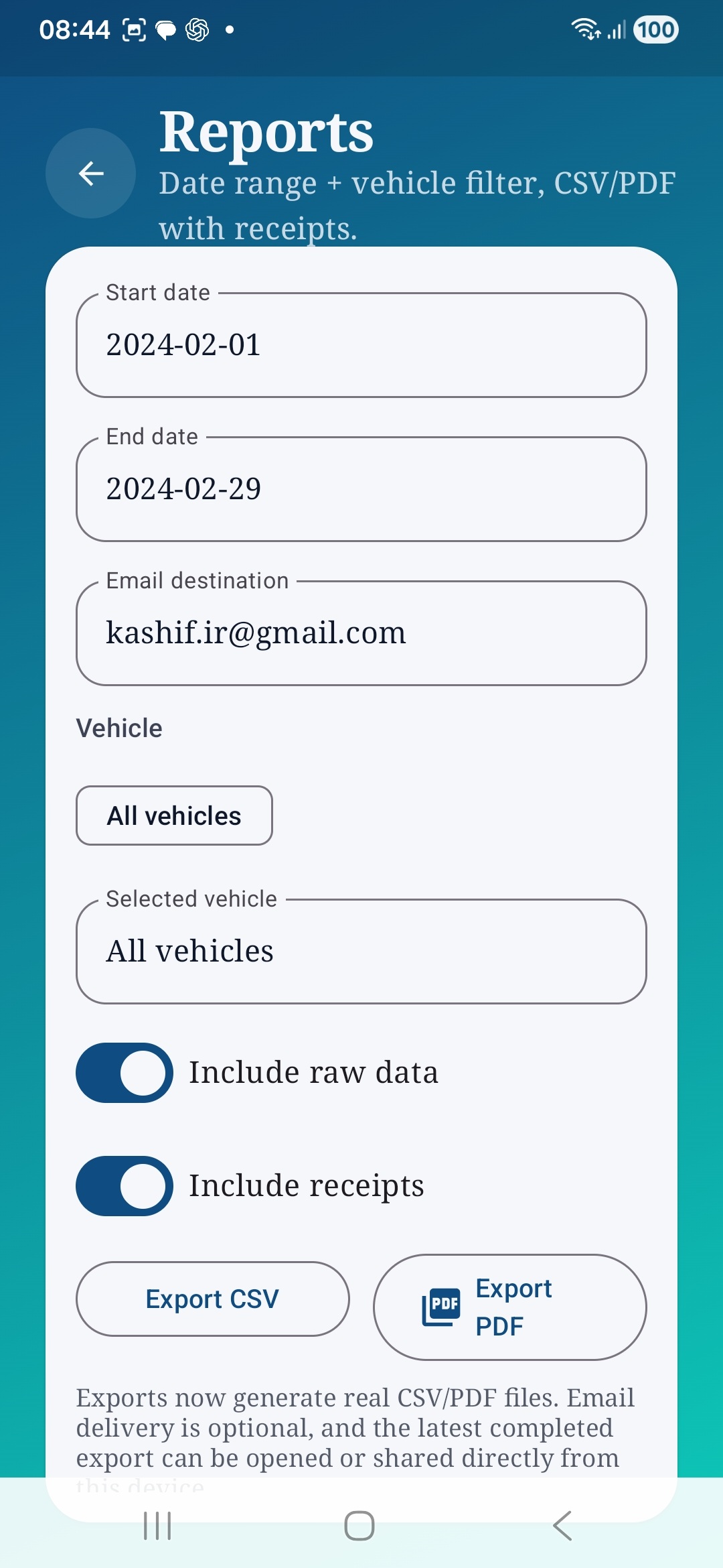 Auto Care AI reports screen with date range, email destination, vehicle filter, and CSV/PDF export actions.