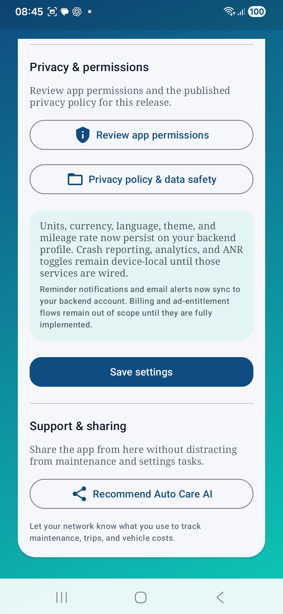 Auto Care AI settings page showing privacy and permissions actions and app sharing support controls.
